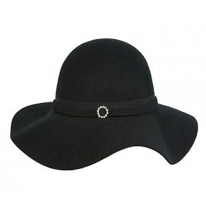 Big Brim Wool Felt Hats w/ Rhinestone Ring Band - Black - HT-CC12-7BK